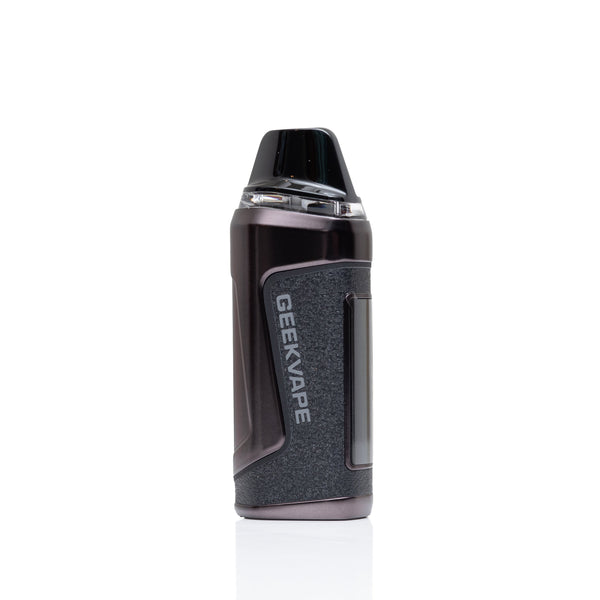 A GEEKVAPE disposable vape device in dark gray and black, standing upright on a clean white background with a subtle reflection.
