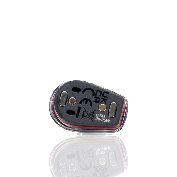 A small black vape battery or pod device with white printed specifications and symbols, shown on a clean white background with a soft reflection below.