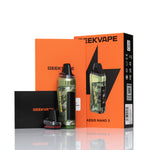 A GEEKVAPE AEGIS NANO 3 disposable vape device with a green camouflage pattern, shown alongside its orange retail packaging, a black accessory case, and a black card on a reflective white surface.
