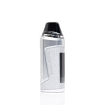 A silver and black pod vape device standing upright on a clean white background.