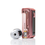 A metallic rose gold KEEKVAPE vape device standing upright next to a silver and black mouthpiece attachment, set against a clean white background with a subtle reflection.