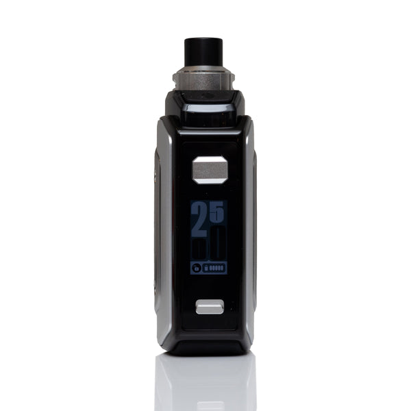 A black and silver electronic vape device with a digital display showing '25W' and '4000 mAh', set against a plain white background with a subtle reflection below.