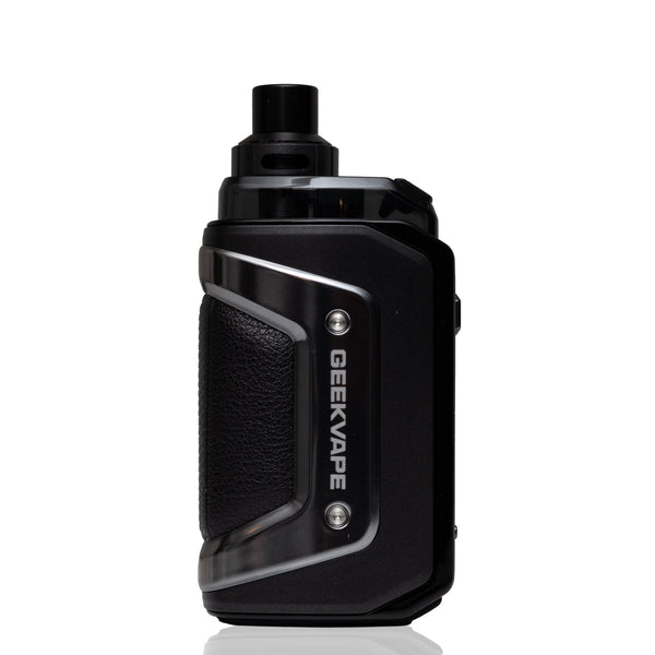 A black GEEKVAPE electronic device with a textured grip panel and silver accents, shown from a side profile on a white background.