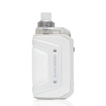 A white GEEKVAPE electronic vape device with a textured diamond-quilted grip panel and a clear tank, shown on a clean white background with a subtle reflection.