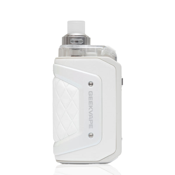 A white GEEKVAPE electronic vape device with a textured diamond-quilted grip panel and a clear tank, shown on a clean white background with a subtle reflection.