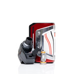 A GEEKVAP vape device set on a white reflective background, featuring a red and silver rectangular mod battery, a black mouthpiece, and a small gold-and-clear tank coil.
