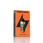 Geekvape Aegis Nano 3 disposable vape packaging box in bright orange and black, featuring a clear window showing the device inside, set against a white background with a soft reflection.