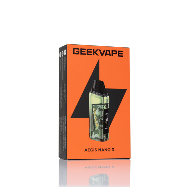Geekvape Aegis Nano 3 disposable vape packaging box in bright orange and black, featuring a clear window showing the device inside, set against a white background with a soft reflection.