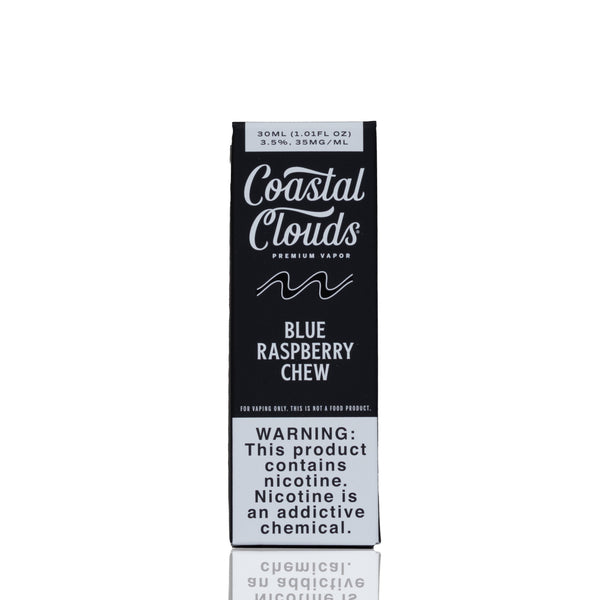 A single Coastal Clouds vape packaging box for Blue Raspberry Chew, featuring a black and white design with a prominent nicotine warning label at the bottom.