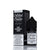 A bottle of Coastal Clouds Blue Razz Chew e-liquid next to its black packaging box, displayed on a reflective white surface.