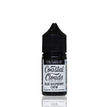 A 30ml bottle of Coastal Clouds Blue Raspberry Chew e-liquid, featuring a black cap and a white label with black text, set against a plain white background with a subtle reflection below.
