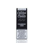 A tall rectangular Coastal Clouds Strawberry Chew vape packaging box on a white background with a faint reflection below. The box is black and white with the brand name 'Coastal Clouds' in white script and a prominent nicotine warning label at the bottom.
