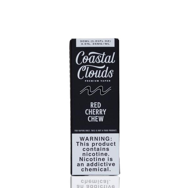 A single Coastal Clouds Red Cherry Chew vape cartridge box, 30ml, shown vertically against a plain white background with a faint reflection below.
