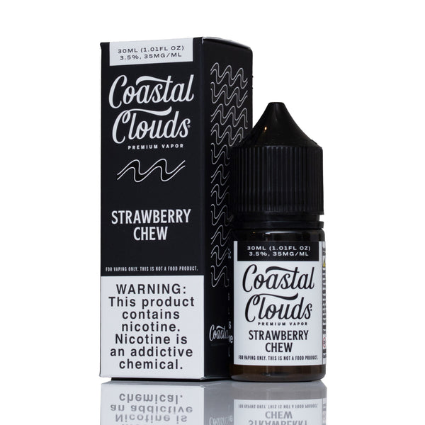 A bottle of Coastal Clouds Strawberry Chew e-liquid next to its black retail box, displayed on a reflective white surface.