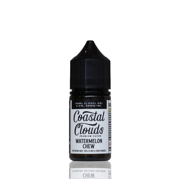A 30ml bottle of Coastal Clouds Watermelon Chew e-liquid on a white background with a reflection below.