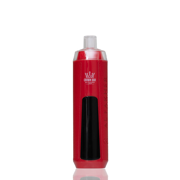 A red cylindrical vape device with a black central panel and a clear mouthpiece, featuring the 'Crown BAR' brand logo Al Fakher on the front, set against a plain white background.