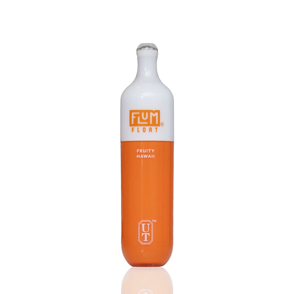 A single disposable vape with a white upper section and an orange lower section, labeled 'FLUM FLOAT' and 'FRUITY HAWAII', centered on a white background with a faint reflection below.