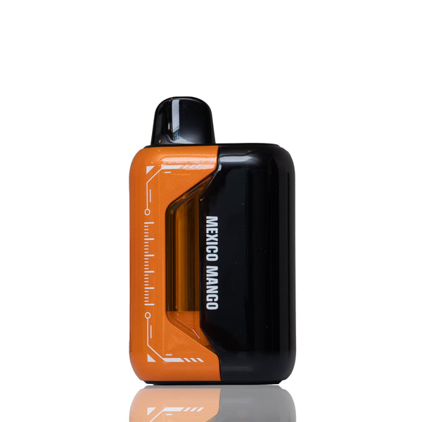 A compact rectangular vape device with a glossy black and translucent orange body, featuring the text 'MEXICO MANGO' printed vertically on the side. The device is photographed on a clean white background with a subtle reflection underneath.