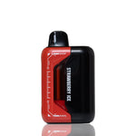A Strawberry Ice disposable vape device with a glossy black and red color scheme, featuring white text and circuit-like graphic details, set against a plain white background with a soft reflection below.