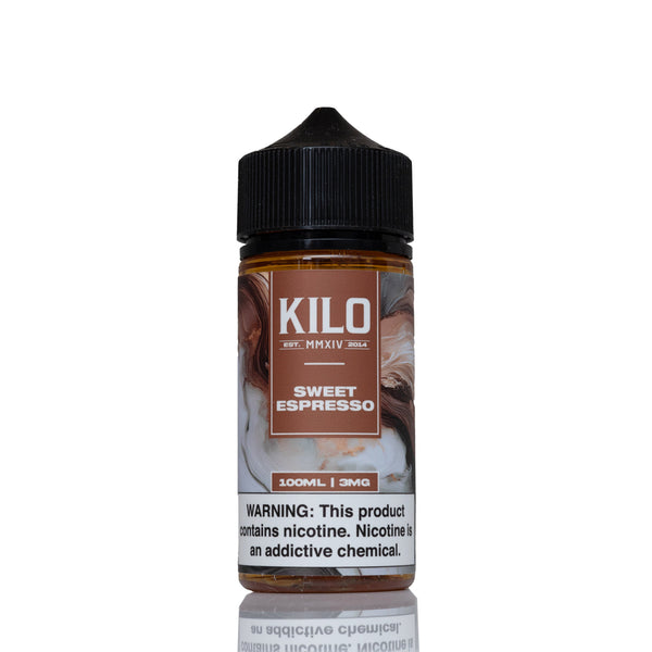 A 100ml bottle of Kilo Sweet Espresso e-liquid, 3mg, featuring a brown and white marble pattern label with a black childproof cap, set against a plain white background with a subtle reflection.