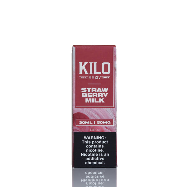 A single box of Kilo Strawberry Milk e-liquid, 30ml, standing upright on a reflective white surface against a white background.