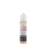 A mister e-liquid bottle is placed on a reflective surface and against a white background. The bottle outlines the ingredients and the warning label. 