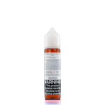 A mister e-liquid bottle is placed on a reflective surface and against a white background. The bottle outlines the ingredients and the warning label. 