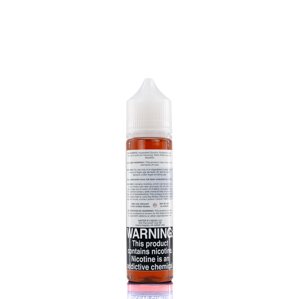 A mister e-liquid bottle is placed on a reflective surface and against a white background. The bottle outlines the ingredients and the warning label. 