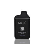 A black MYLÉ Grape Mint disposable vape device with white text and a thin white horizontal line, shown on a clean white background with a subtle reflection below.