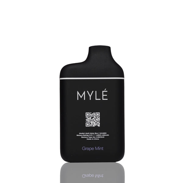 A black MYLÉ Grape Mint disposable vape device with white text and a thin white horizontal line, shown on a clean white background with a subtle reflection below.