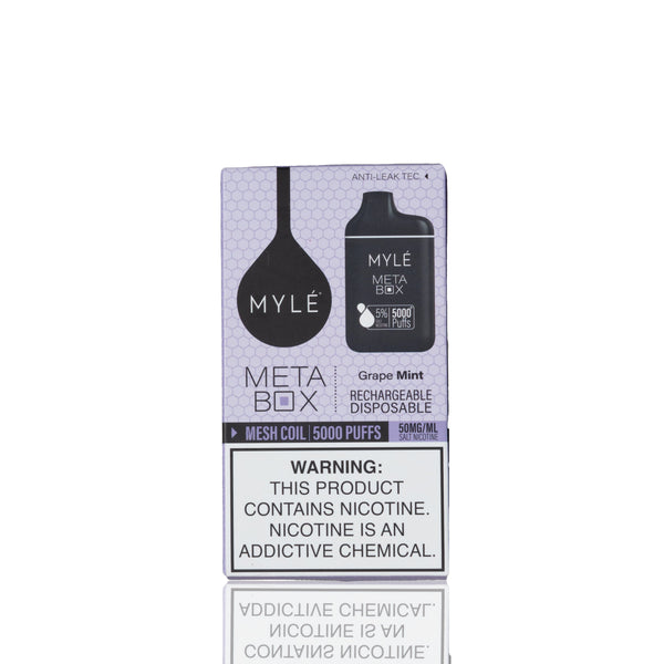 Mylé Meta Box Grape Mint disposable vape packaging box, featuring a black vape device graphic, grape mint flavor text, and a prominent nicotine warning label on a white background.