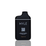 A matte black vape device with a matching black mouthpiece, featuring the brand name 'MYLÉ' in white and 'Peach Ice' in gold near the bottom, set against a plain white background with a soft reflection below.
