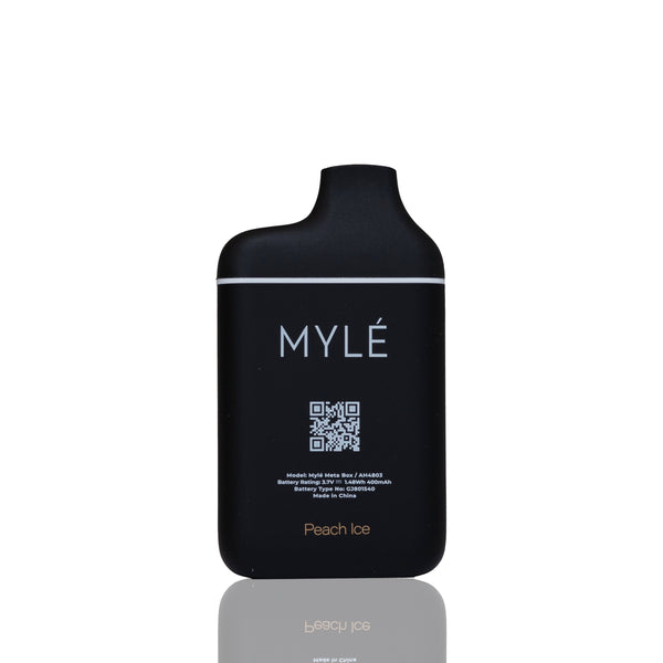 A matte black vape device with a matching black mouthpiece, featuring the brand name 'MYLÉ' in white and 'Peach Ice' in gold near the bottom, set against a plain white background with a soft reflection below.