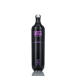 Black water bottle with purple text on a white background
