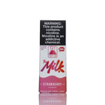 A 30mL vape salt box by Monster Vape Labs, featuring a white and pink design with a prominent black warning label at the top. The flavor is Strawberry, with 'The Milk' written in red script.