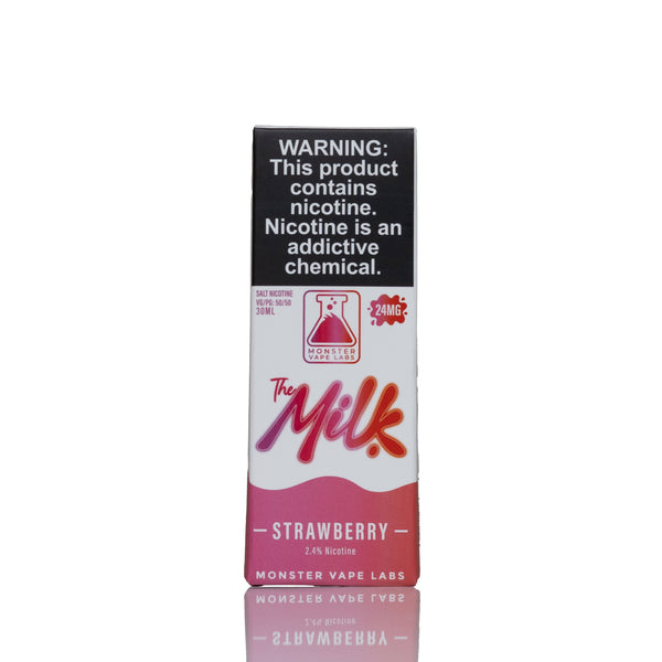A 30mL vape salt box by Monster Vape Labs, featuring a white and pink design with a prominent black warning label at the top. The flavor is Strawberry, with 'The Milk' written in red script.