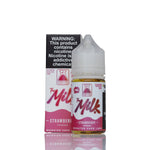 A bottle of Monster Vape Labs 'The Milk' Strawberry e-liquid next to its retail box, featuring a white and pink label with a prominent black warning label on the box.