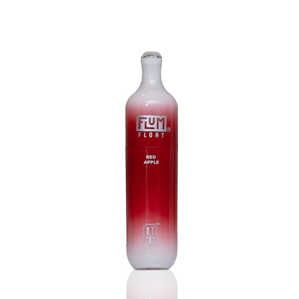 A bottle of FLYM UT Red Apple flavored liquid, featuring a red-to-white gradient design, shown on a clean white background with a subtle reflection.