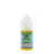 A small white bottle of vapetasia e-liquid flavored iced melons with green, blue, and a nicotine warning label is placed against a white background