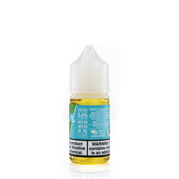 The back of the vapetasia e-liquid is turned to the side so is showing and percentages, warning label, and made in USA labels are visible