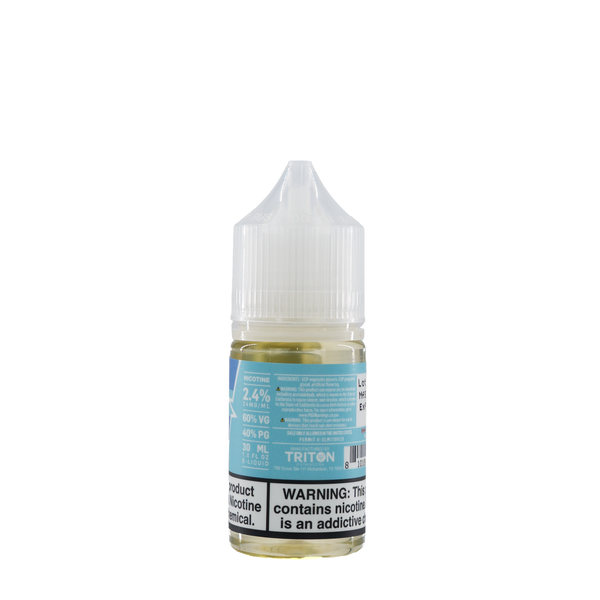 The back of vapetasia white and blue bottle against a white background with a nicotine warning and a description of the percentages