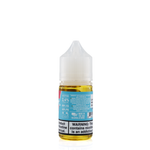 The back of vapetasia white and blue bottle against a white background with a nicotine warning and a description of the percentages