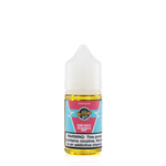 A white and pink bottle of vapetasia iced white gummy flavored e-liquid is against a white background with a nicotine waning label across the bottom 