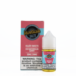 A pink and blue box and similar colored bottle of iced watermelon gummy flavored 30mL against a white background with a nicotine warning label on both