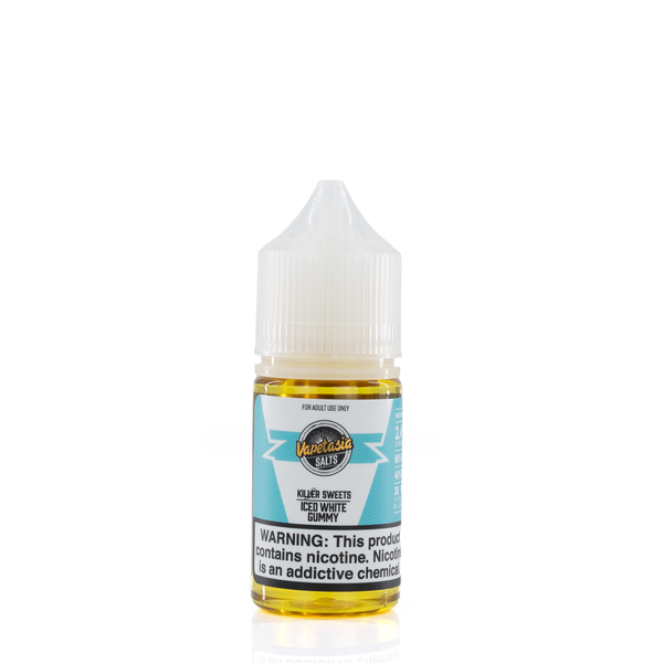 A white and blue bottle of vapetasia iced white gummy flavored e-liquid is against a white background with a nicotine waning label across the bottom 