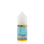 The back of vapetasia white and blue bottle against a white background with a nicotine warning and a description of the percentages