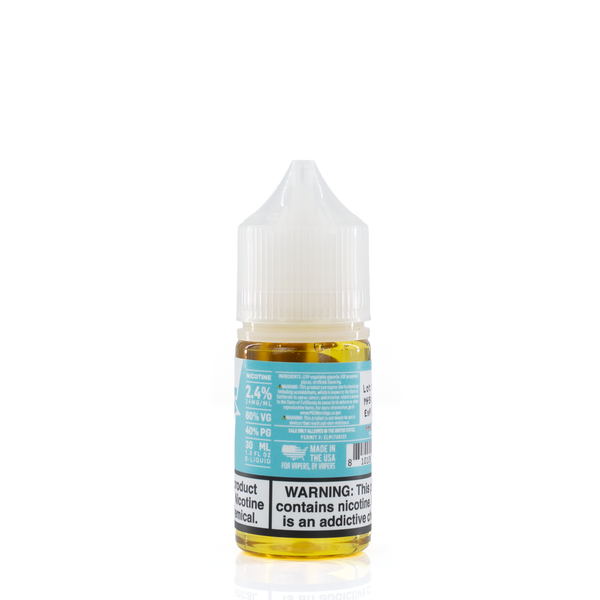 The back of vapetasia white and blue bottle against a white background with a nicotine warning and a description of the percentages